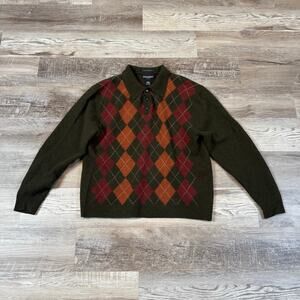 Vintage Bowen & Wright Argyle Lambswool Sweater Green Collared Pullover Grandpa